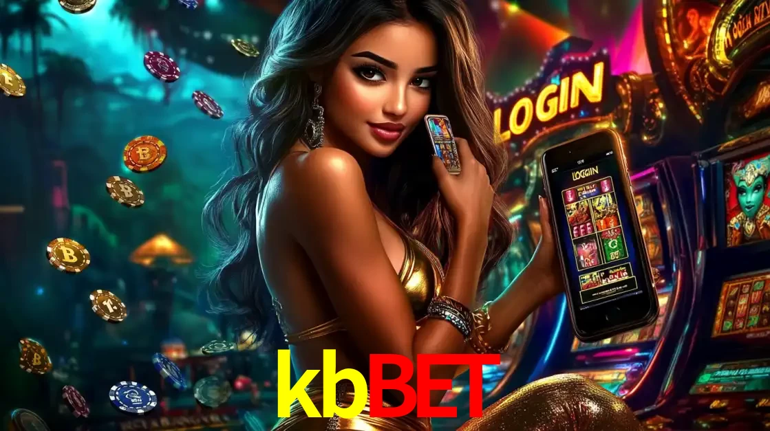 Mulher em um cenário de cassino temático de aventura, mostrando o app de caça-níqueis da kbbet no celular. Fichas de apostas flutuam ao redor.