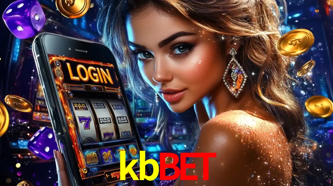 Mulher glamorosa segurando um smartphone com a tela de login para os jogos de caça-níqueis do cassino online kbbet, com moedas de ouro e dados ao redor.