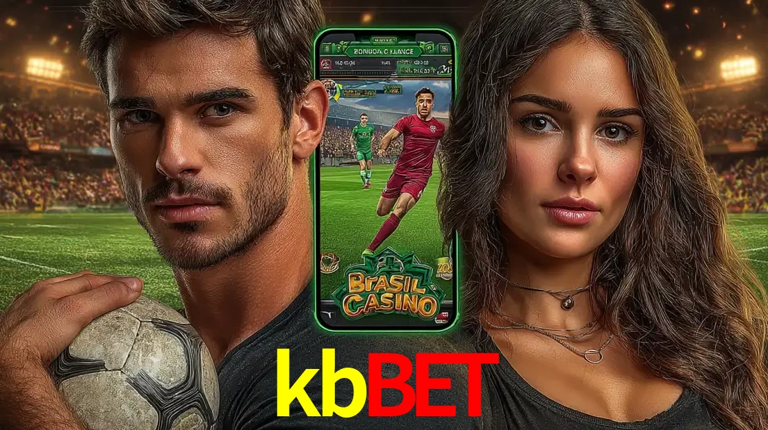 Homem segurando uma bola de futebol e uma mulher ao lado de um smartphone exibindo o jogo de apostas esportivas da kbbet. Faça seu palpite no cassino online.